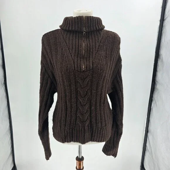 525 Brown Cable Knit Half-Zip Pullover Sweater, Size S - Picture 1 of 13